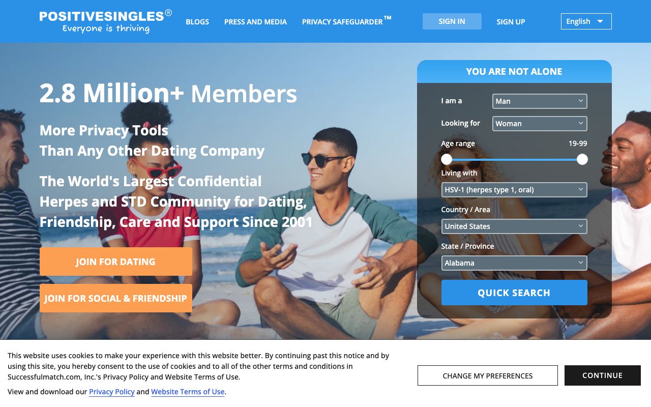 PositiveSingles homepage